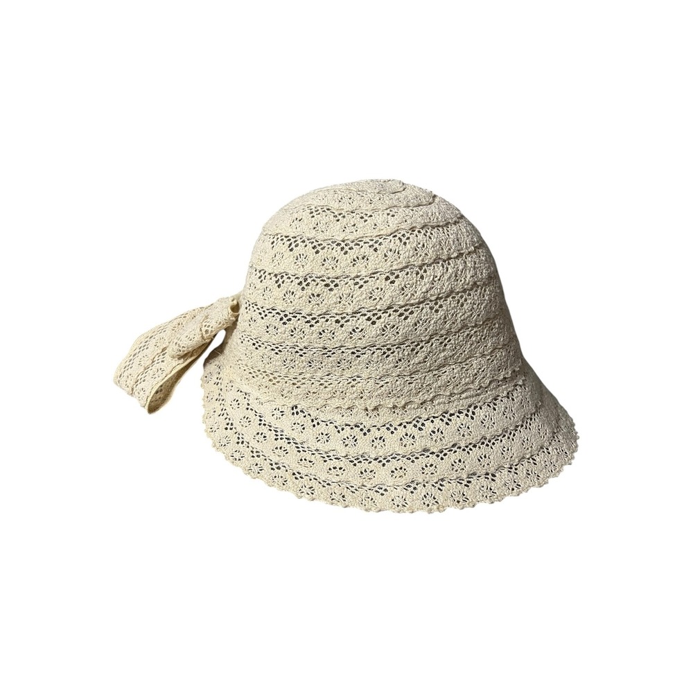 Jane & Berry Cream Crochet Cloche Hat with Back Bow Accent One Size